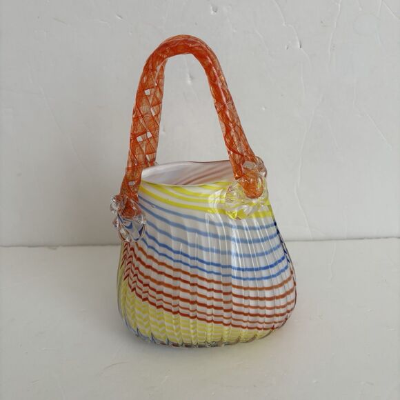 Natalie Handbag Block Crystal Purse Vase Hand Cut Mouth Blown Striped Glass 8" - Picture 5 of 9